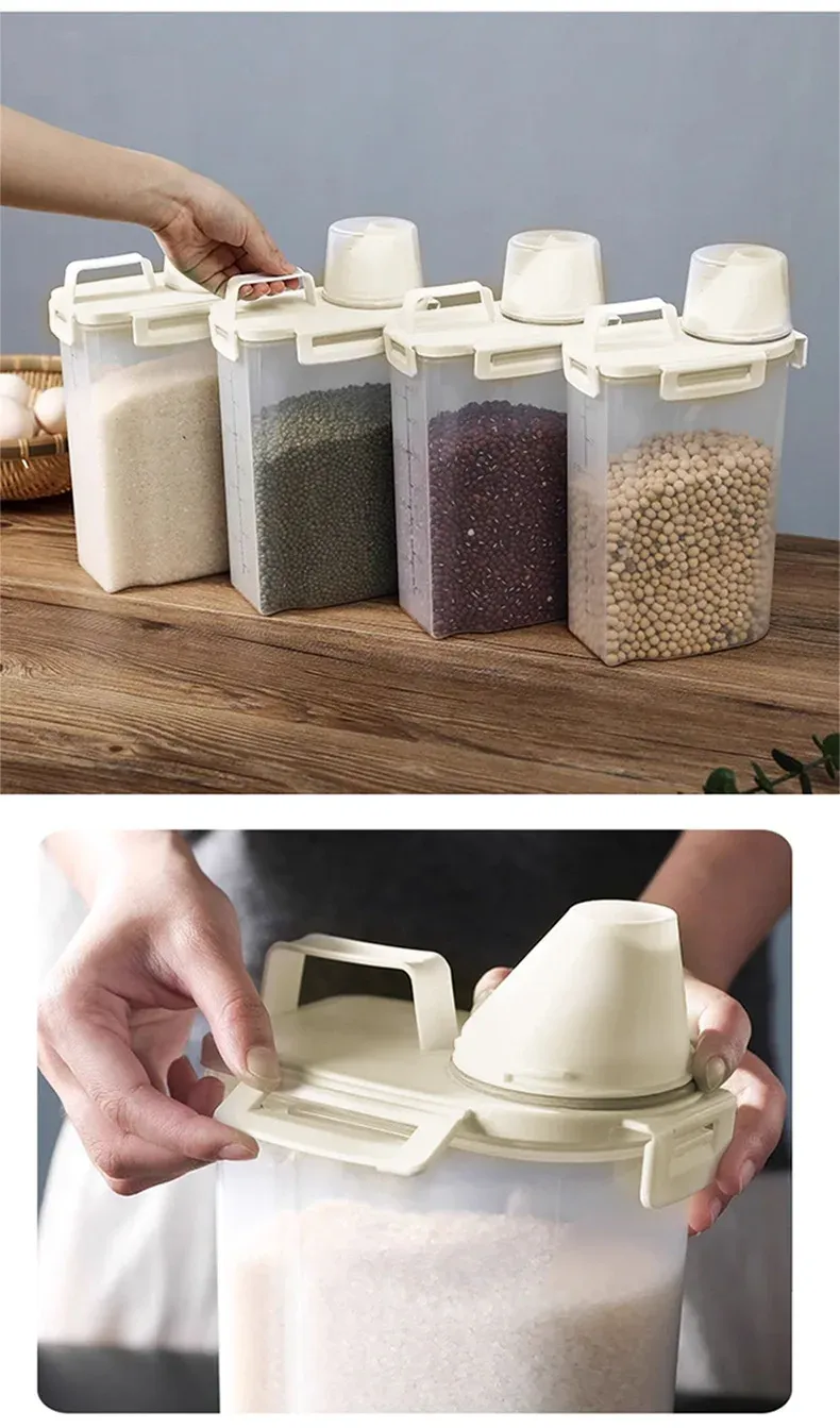 1.75L/2.5L/3L Food Grade Rice Storage Container with Lid, Airtight Grain Dispenser with Measuring Cup, Kitchen Food Organizer for Dry Goods, Pest & Moisture Proof showcase 14