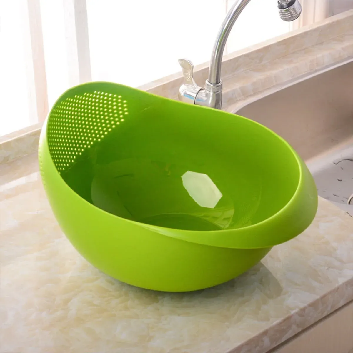 Large Rice Basin Sieve with Drain Holes - Household Kitchen Basket for Washing Rice, Fruits & Vegetables - Available in White, Green, Pink, Blue showcase 3