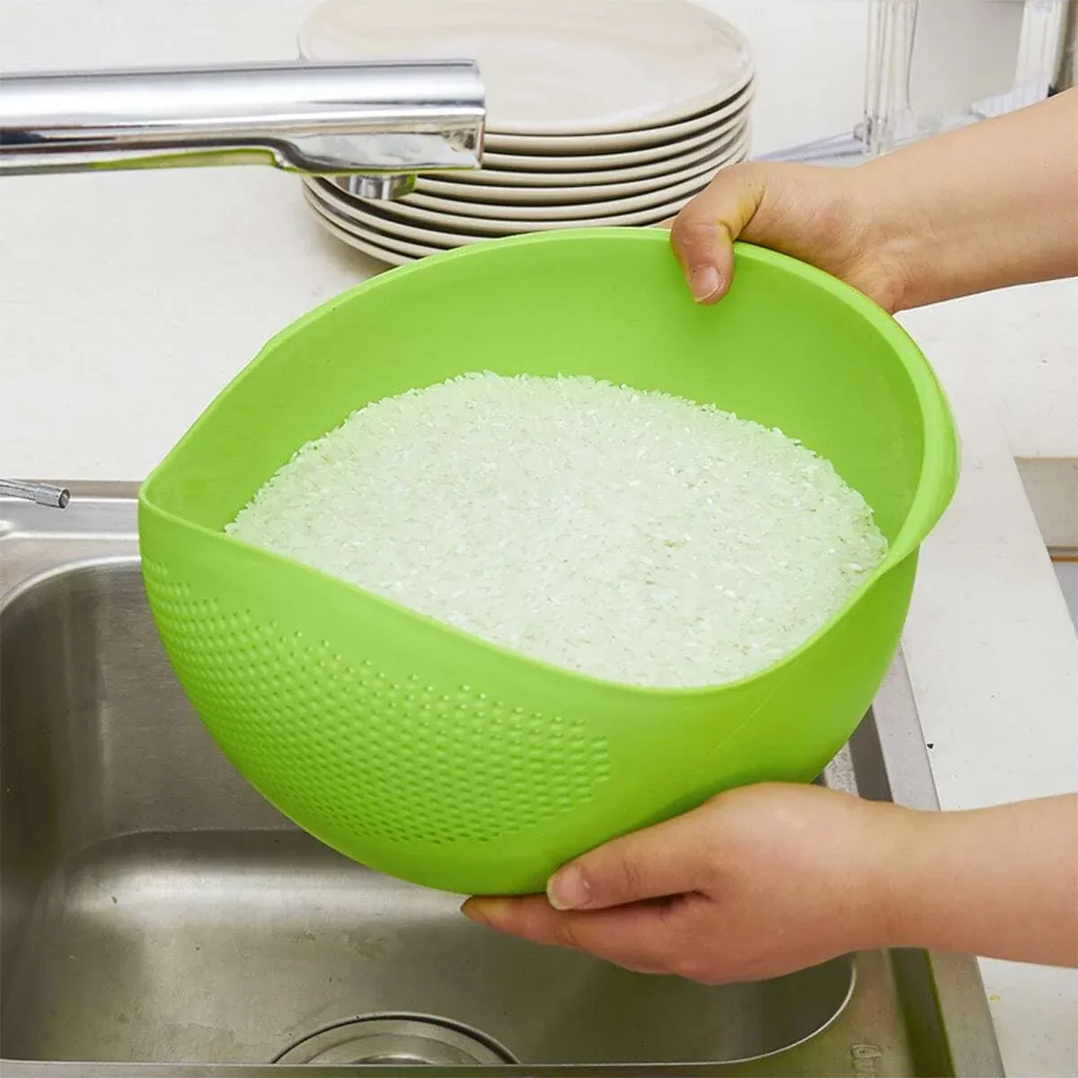 Large Rice Basin Sieve with Drain Holes - Household Kitchen Basket for Washing Rice, Fruits & Vegetables - Available in White, Green, Pink, Blue showcase 2