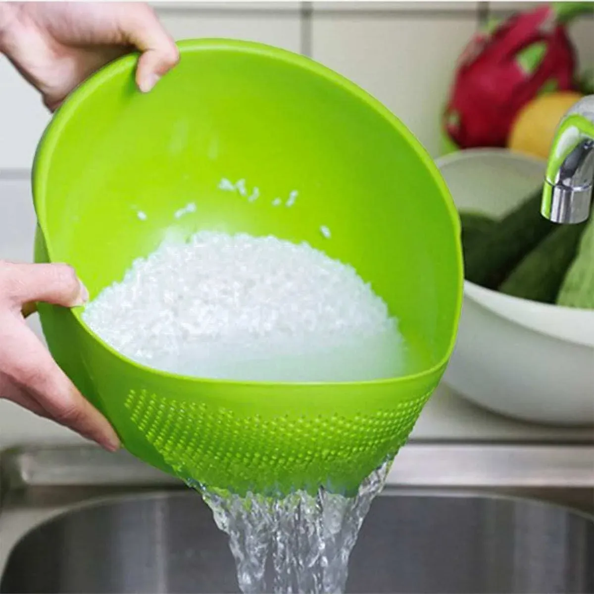 Large Rice Basin Sieve with Drain Holes - Household Kitchen Basket for Washing Rice, Fruits & Vegetables - Available in White, Green, Pink, Blue thumbnail 5