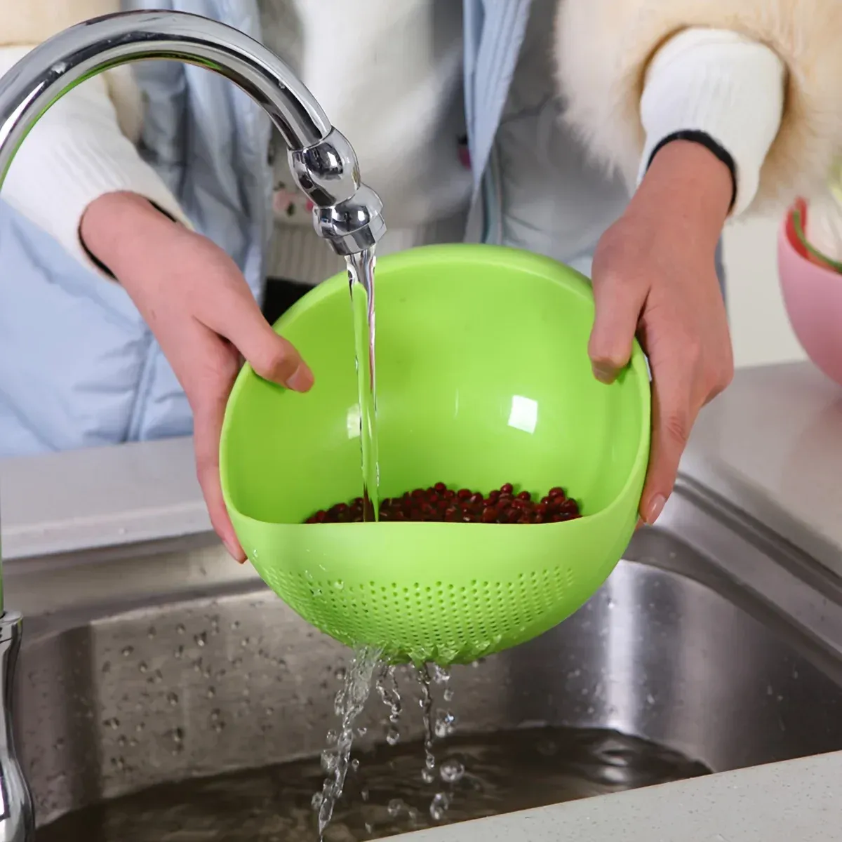 Large Rice Basin Sieve with Drain Holes - Household Kitchen Basket for Washing Rice, Fruits & Vegetables - Available in White, Green, Pink, Blue thumbnail 2