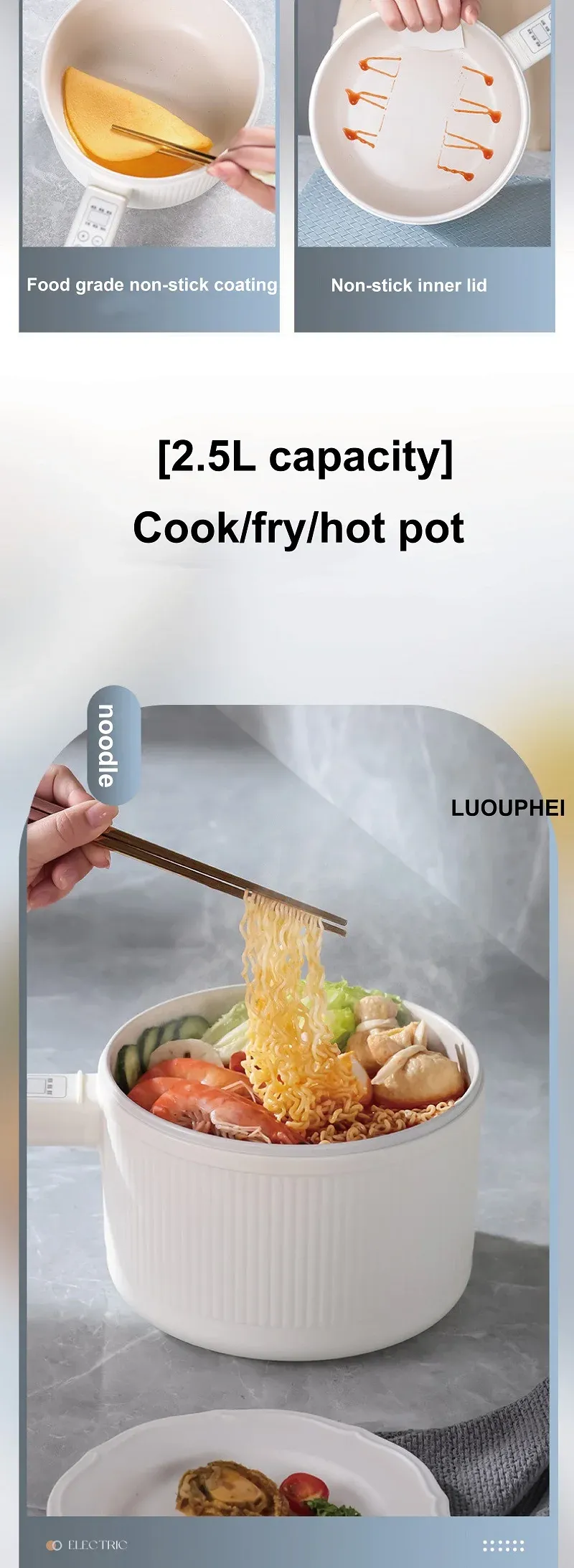 2.5L/3L Electric Cooking Pot with Steamer - Non-Stick Ceramic Frying Pan, Integrated Long Handle, 220V Household Kitchen Appliance showcase 11