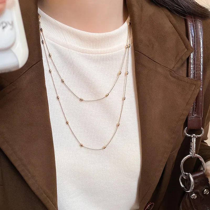 Luxury Metal Rice Grain Beaded Long Necklace for Women, Minimalist Silver Color Sweater Chain, Chic Fashion Jewelry Gift showcase 5