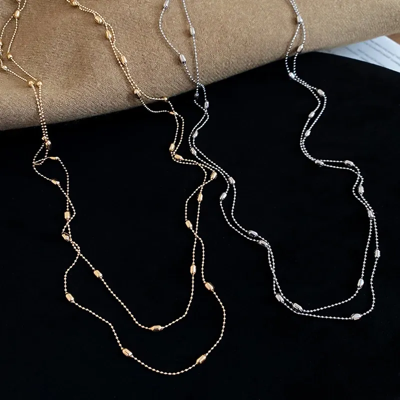 Luxury Metal Rice Grain Beaded Long Necklace for Women, Minimalist Silver Color Sweater Chain, Chic Fashion Jewelry Gift thumbnail 4