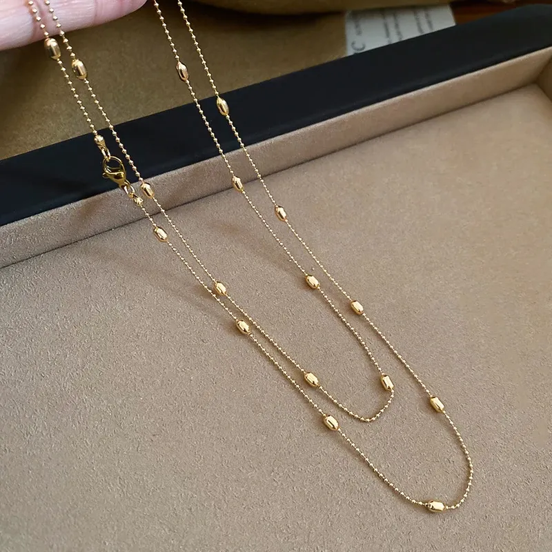 Luxury Metal Rice Grain Beaded Long Necklace for Women, Minimalist Silver Color Sweater Chain, Chic Fashion Jewelry Gift showcase 10
