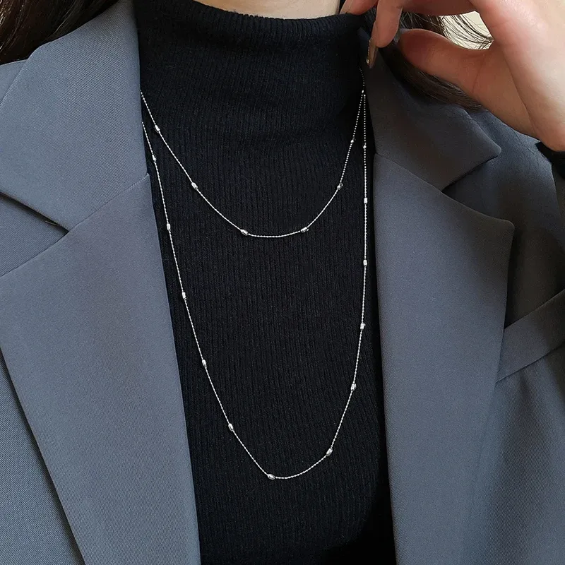 Luxury Metal Rice Grain Beaded Long Necklace for Women, Minimalist Silver Color Sweater Chain, Chic Fashion Jewelry Gift showcase 4
