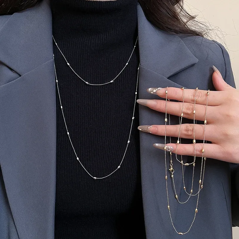 Luxury Metal Rice Grain Beaded Long Necklace for Women, Minimalist Silver Color Sweater Chain, Chic Fashion Jewelry Gift thumbnail 1