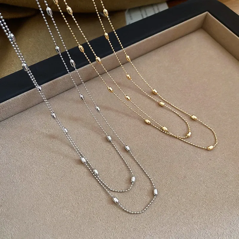 Luxury Metal Rice Grain Beaded Long Necklace for Women, Minimalist Silver Color Sweater Chain, Chic Fashion Jewelry Gift thumbnail 5