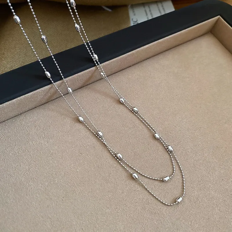 Luxury Metal Rice Grain Beaded Long Necklace for Women, Minimalist Silver Color Sweater Chain, Chic Fashion Jewelry Gift showcase 11