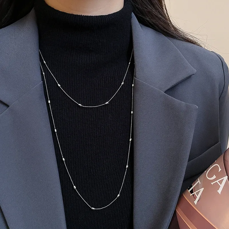 Luxury Metal Rice Grain Beaded Long Necklace for Women, Minimalist Silver Color Sweater Chain, Chic Fashion Jewelry Gift thumbnail 2