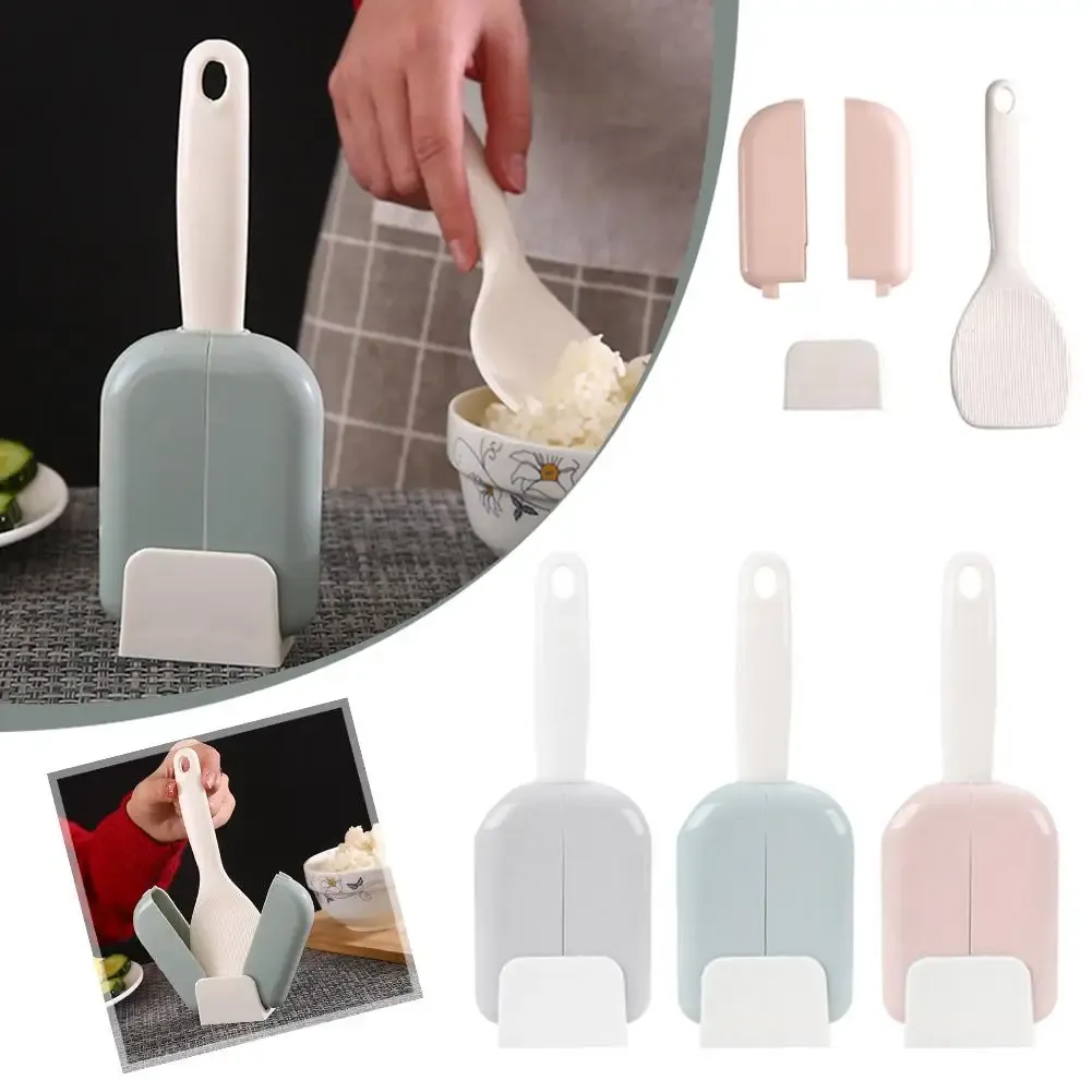 Self-Standing Rice Scoop Holder Set with Non-Spill Design, Long Handle Plastic Scoop for Grains, Portable Kitchen Utensil Tool (Grey, Blue, Pink) thumbnail 1