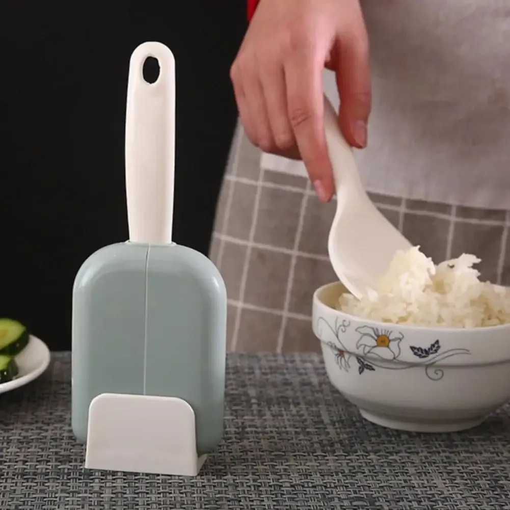 Self-Standing Rice Scoop Holder Set with Non-Spill Design, Long Handle Plastic Scoop for Grains, Portable Kitchen Utensil Tool (Grey, Blue, Pink) thumbnail 2