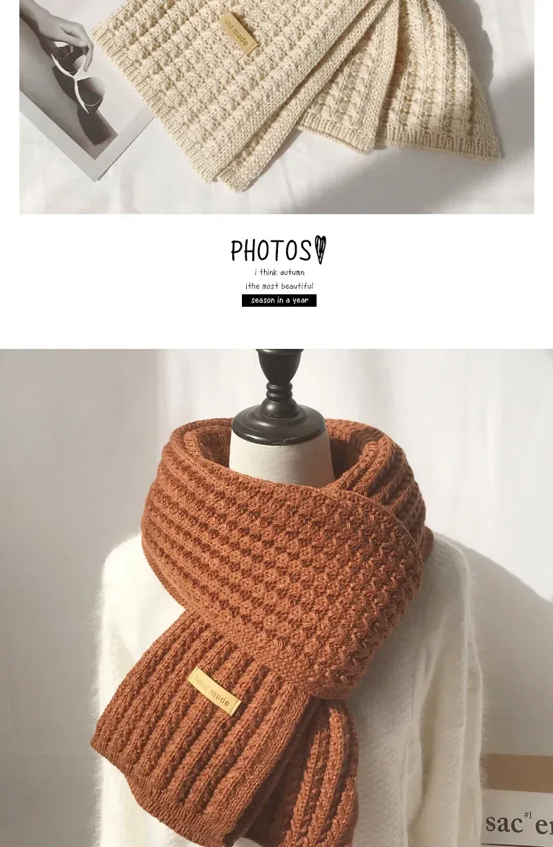 Thick Warm Pure Wool Knit Scarf for Women & Men - Fashionable Korean Style Student Winter Accessory, 120x18cm showcase 3