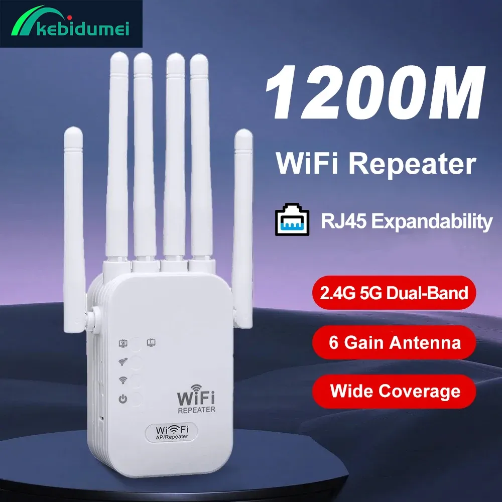 Kebidumei AC1200M Dual Band WiFi Repeater Extender, 1200Mbps Signal Booster with 4 High Gain Antennas, 2.4GHz & 5GHz, 3 Modes (Repeater/AP/Router) for Home & Office thumbnail 1
