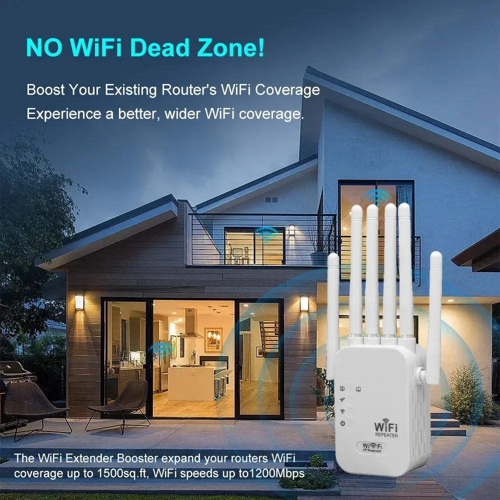 Kebidumei AC1200M Dual Band WiFi Repeater Extender, 1200Mbps Signal Booster with 4 High Gain Antennas, 2.4GHz & 5GHz, 3 Modes (Repeater/AP/Router) for Home & Office showcase 3
