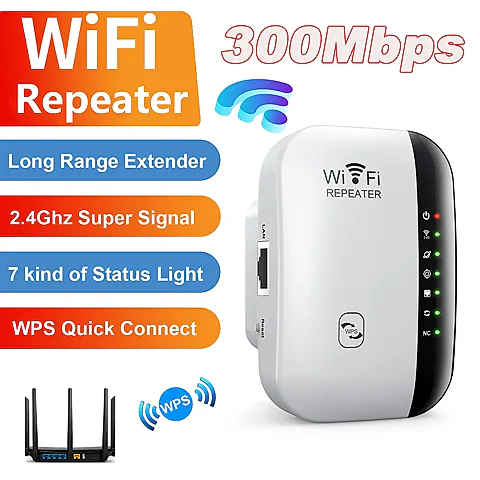 300Mbps WiFi Repeater Extender Booster with WPS, Long Range Wireless Network Amplifier for Home & Office, Supports 2.4GHz, Multiple Modes (Repeater, AP, LAN), Universal Compatibility