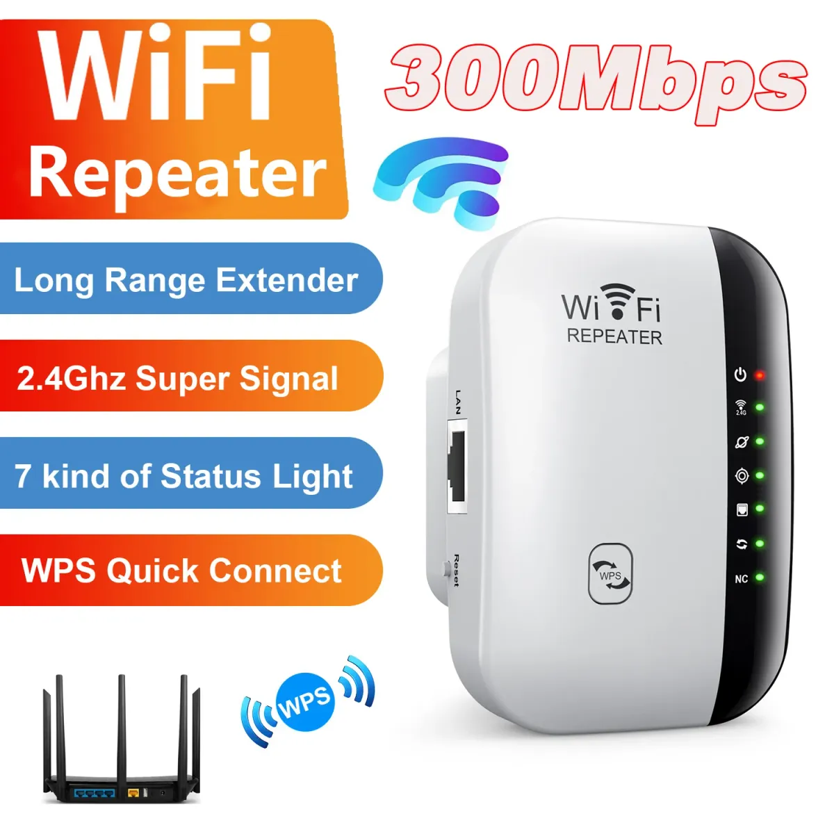 300Mbps WiFi Repeater Extender Booster with WPS, Long Range Wireless Network Amplifier for Home & Office, Supports 2.4GHz, Multiple Modes (Repeater, AP, LAN), Universal Compatibility showcase 1