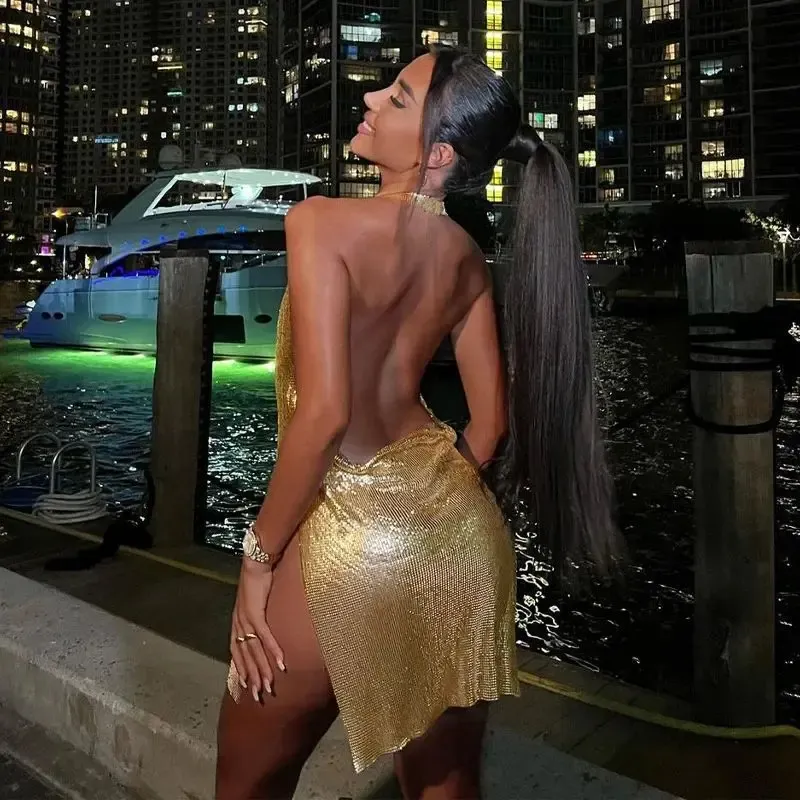 Elegant Women's Sequin Party Dress with Hanging Neck and Backless Design, Fashionable Sleeveless Mini Dress for Clubbing and Special Occasions thumbnail 6