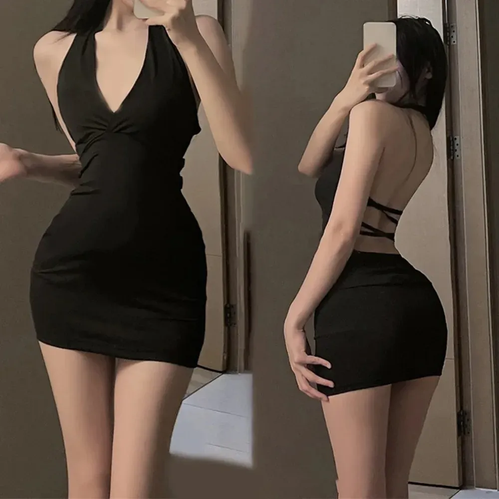 Women's Sexy Halter Backless V-Neck Wrap Mini Dress - Black Party Night Style, Slim Fit, Polyester Blend for Summer Evenings thumbnail 1