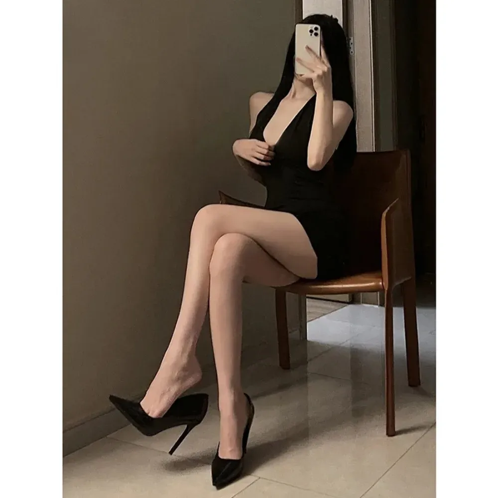 Women's Sexy Halter Backless V-Neck Wrap Mini Dress - Black Party Night Style, Slim Fit, Polyester Blend for Summer Evenings thumbnail 5