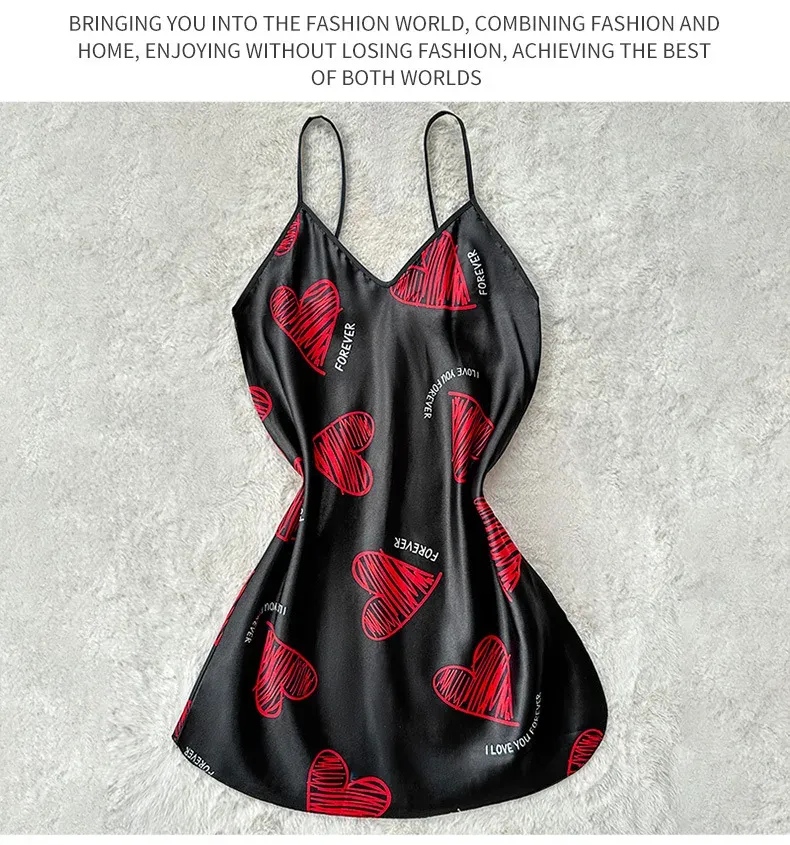 Women's Red Lip Print Satin Slip Nightdress V Neck Backless Mini Sleep Dress - Perfect Valentine's Day Lingerie & Sleepwear showcase 9