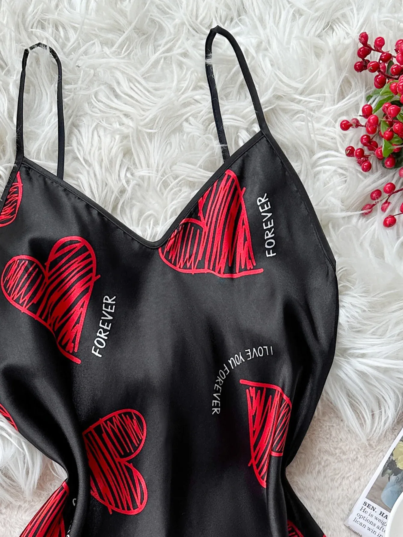Women's Red Lip Print Satin Slip Nightdress V Neck Backless Mini Sleep Dress - Perfect Valentine's Day Lingerie & Sleepwear thumbnail 5