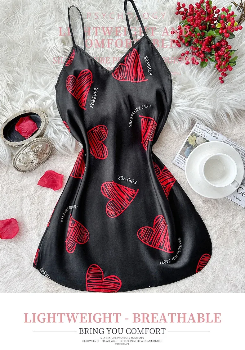 Women's Red Lip Print Satin Slip Nightdress V Neck Backless Mini Sleep Dress - Perfect Valentine's Day Lingerie & Sleepwear showcase 1