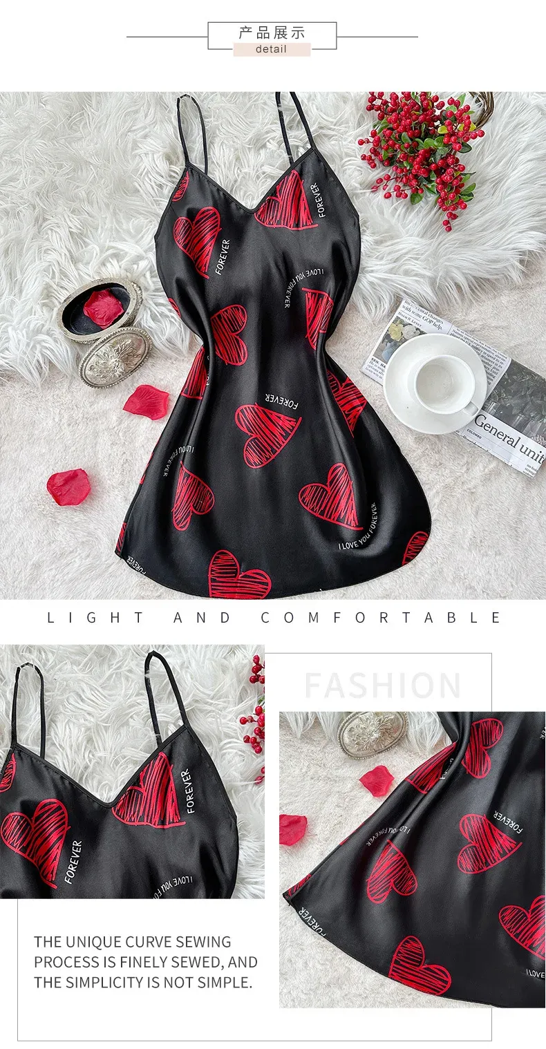 Women's Red Lip Print Satin Slip Nightdress V Neck Backless Mini Sleep Dress - Perfect Valentine's Day Lingerie & Sleepwear showcase 7