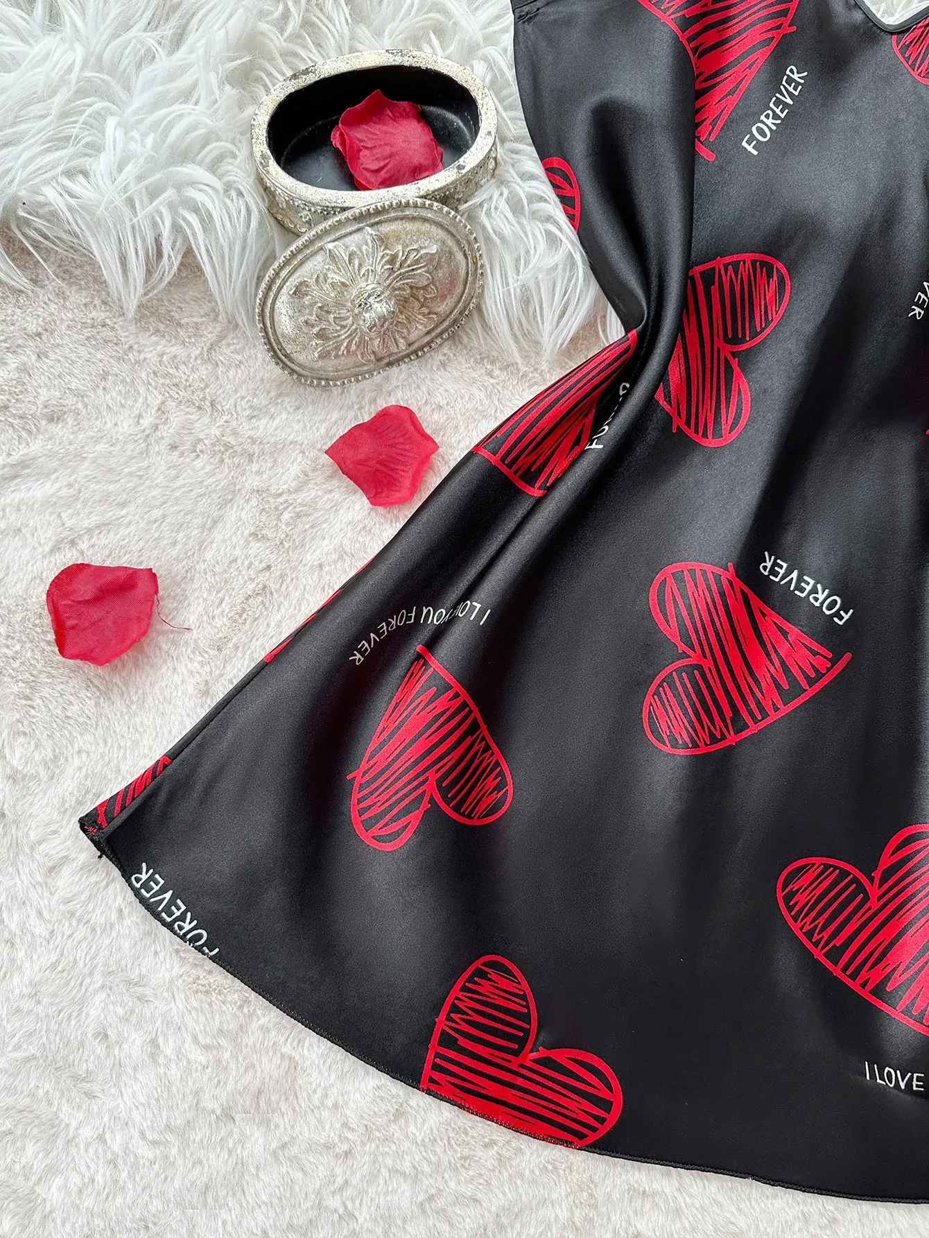Women's Red Lip Print Satin Slip Nightdress V Neck Backless Mini Sleep Dress - Perfect Valentine's Day Lingerie & Sleepwear thumbnail 6