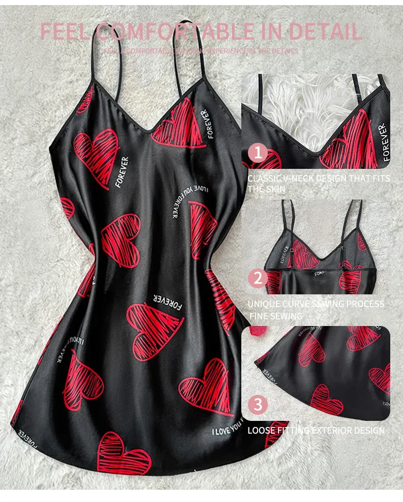 Women's Red Lip Print Satin Slip Nightdress V Neck Backless Mini Sleep Dress - Perfect Valentine's Day Lingerie & Sleepwear showcase 3