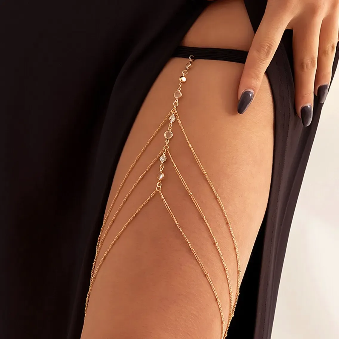 Boho Crystal Thigh Chain for Women - Sexy Elastic Band Multilayer Tassel Leg Jewelry for Summer Beach Dresses thumbnail 1