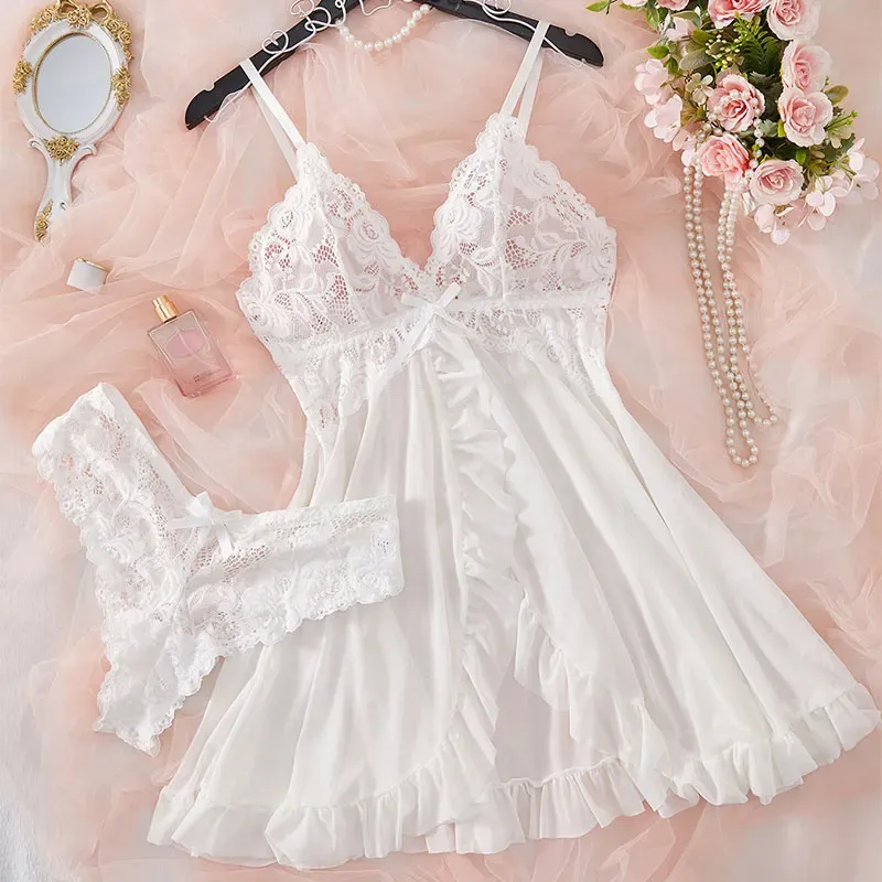 Women's Sexy Lace Lingerie Dress - See-Through Nightdress, Slim Fit V-Neck Full Slip Sleepwear for Summer Evenings thumbnail 6