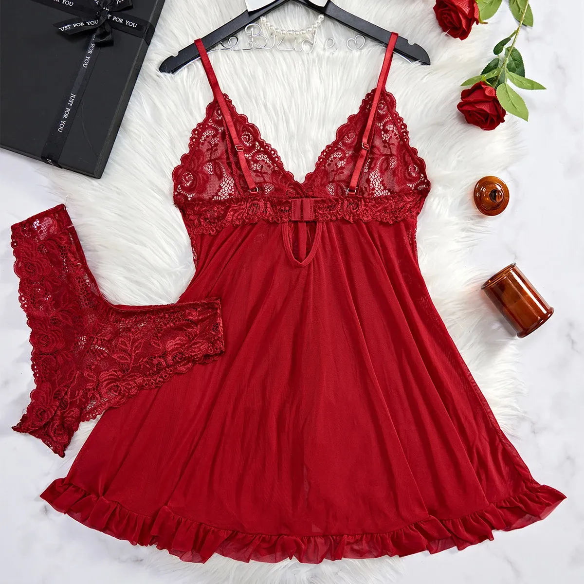 Women's Sexy Lace Lingerie Dress - See-Through Nightdress, Slim Fit V-Neck Full Slip Sleepwear for Summer Evenings thumbnail 2