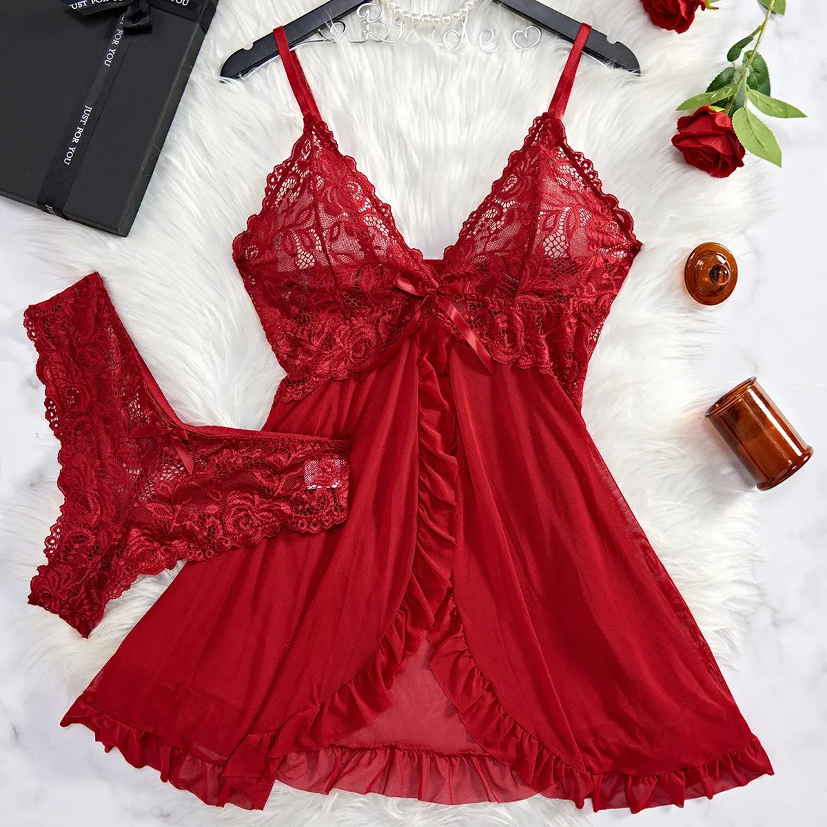 Women's Sexy Lace Lingerie Dress - See-Through Nightdress, Slim Fit V-Neck Full Slip Sleepwear for Summer Evenings thumbnail 1