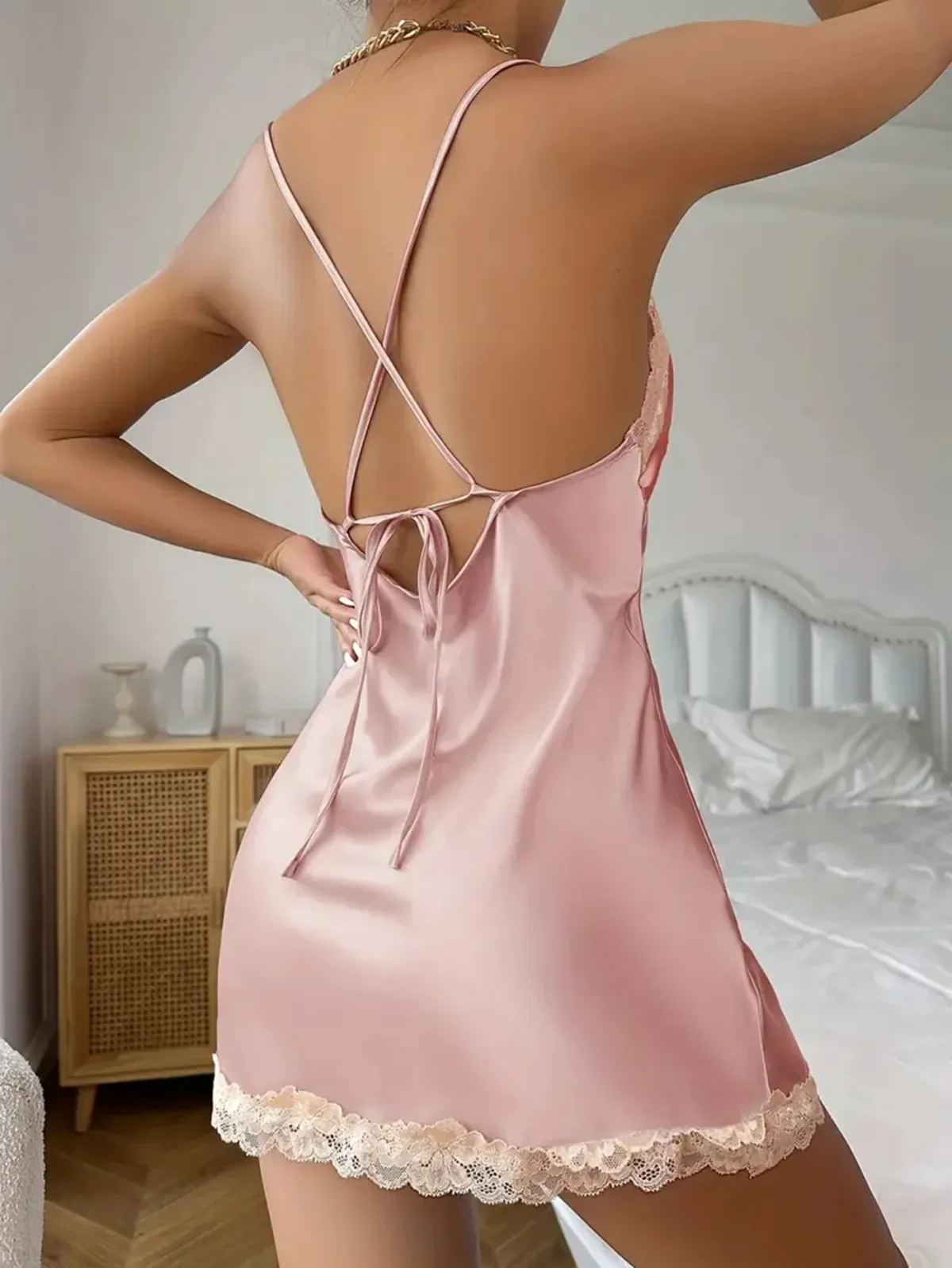 Women's Contrast Lace Satin Nightdress, Deep V Backless Slip Sleep Dress with Lace-Up Split Hem, Elegant Sexy Lingerie for Loungewear showcase 25