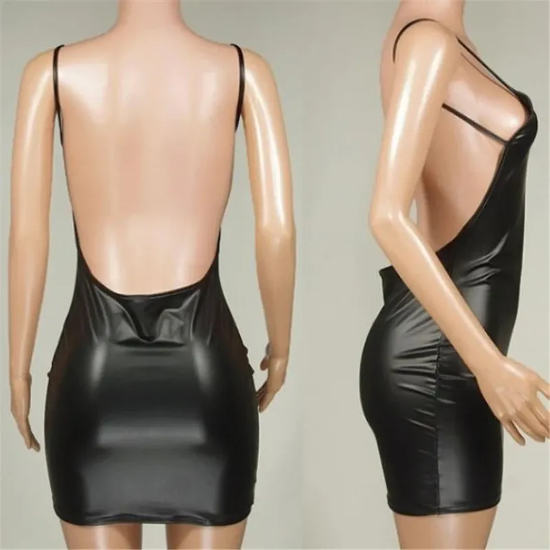 Sexy Faux Leather Backless Mini Dress for Women, Wet Look Latex Bodycon Club Party Outfit, Push-Up Bra Design, Solid Black, Available in S-XL showcase 7