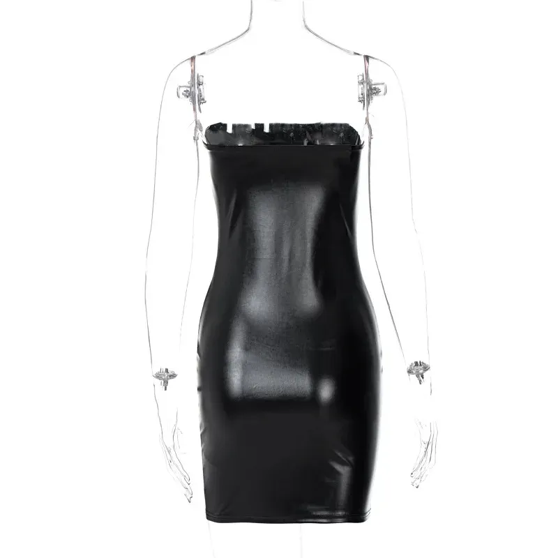 Women's Sexy Black Pu Leather Strapless Bodycon Mini Dress - Slim Fit Party Sundress for Summer Evenings showcase 16
