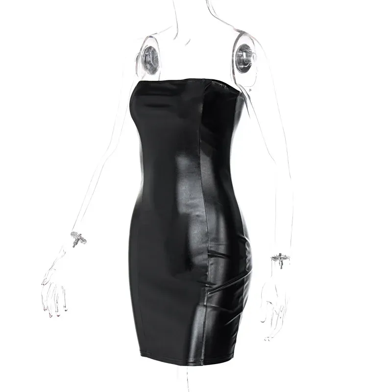 Women's Sexy Black Pu Leather Strapless Bodycon Mini Dress - Slim Fit Party Sundress for Summer Evenings showcase 15