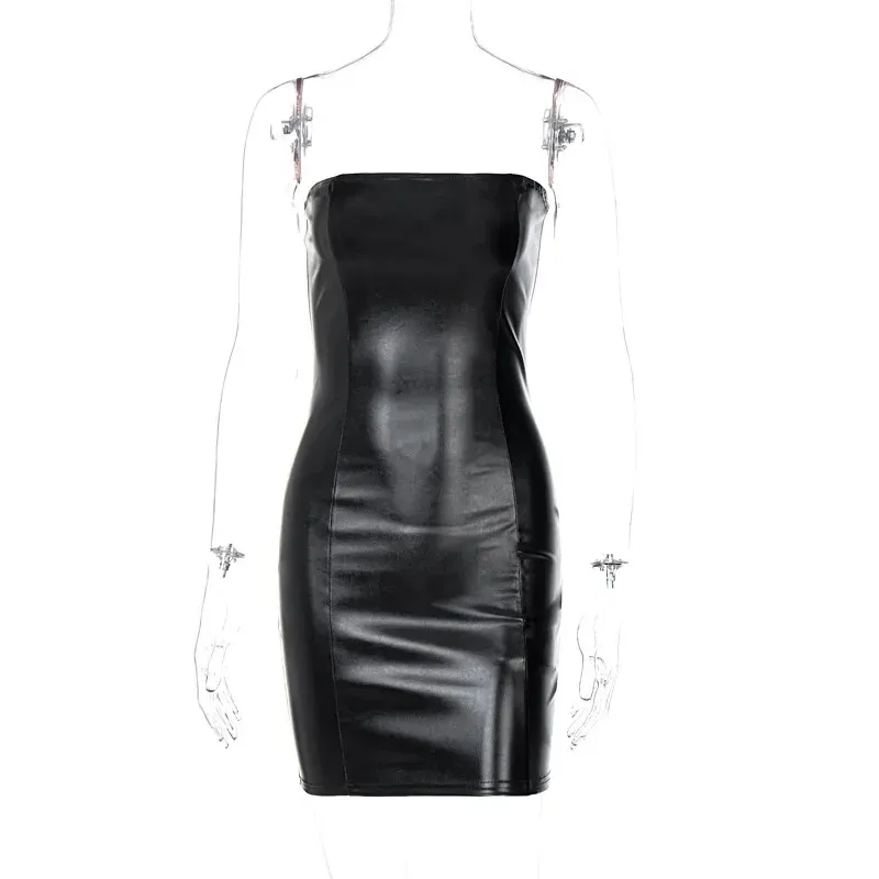 Women's Sexy Black Pu Leather Strapless Bodycon Mini Dress - Slim Fit Party Sundress for Summer Evenings showcase 14
