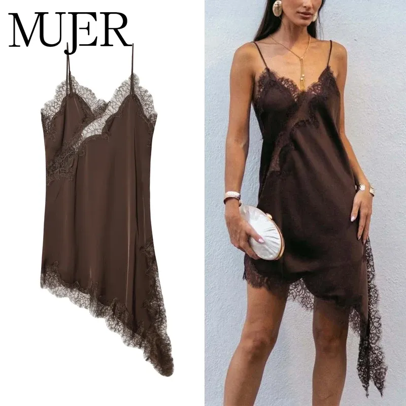 Women's Sexy Lace Slip Mini Dress - Backless Satin Summer Beach Party Dress, Asymmetric Design thumbnail 1