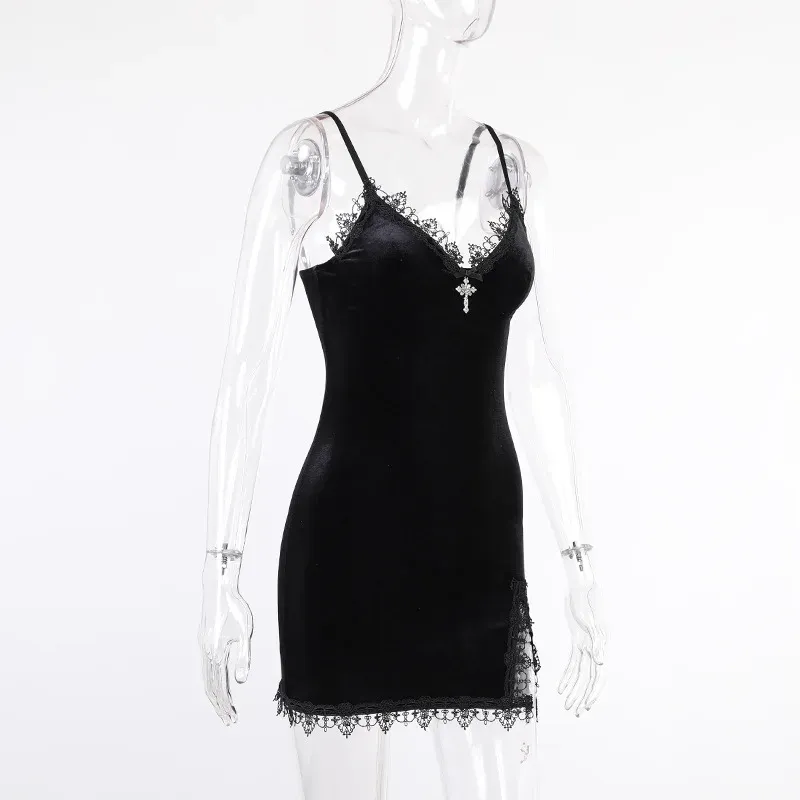 Vintage Sexy Dark Cross Black Mini Dress for Women, Spaghetti Strap, High Waist, Slit Design, Perfect for Goth Party Club Nights showcase 9