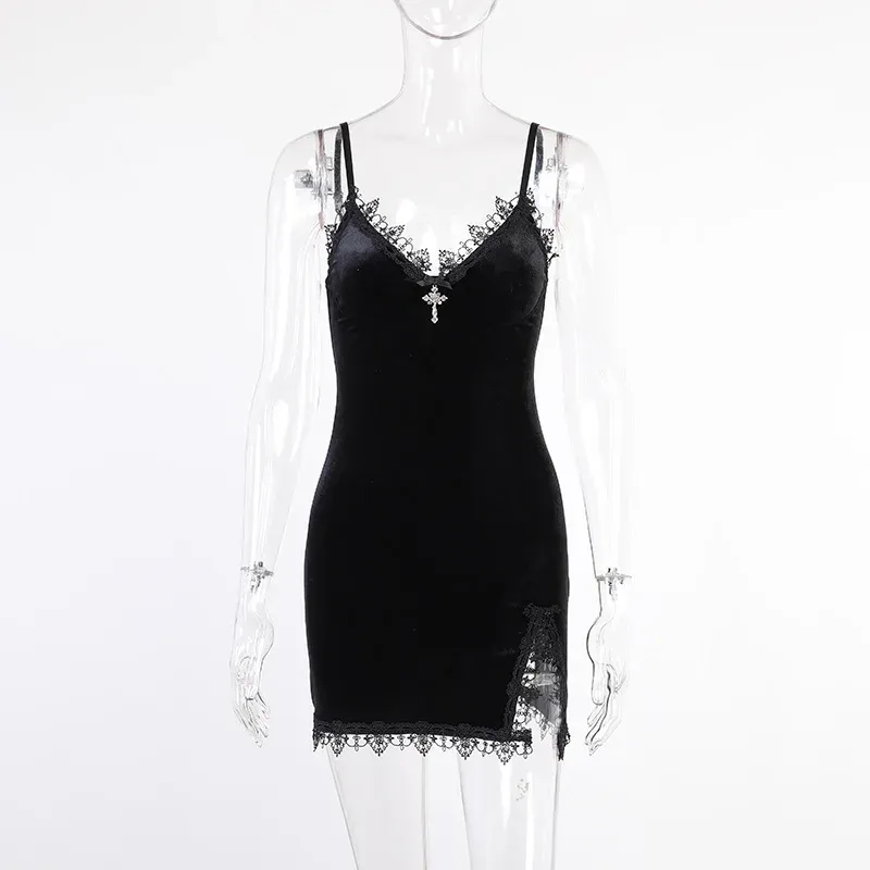 Vintage Sexy Dark Cross Black Mini Dress for Women, Spaghetti Strap, High Waist, Slit Design, Perfect for Goth Party Club Nights showcase 10