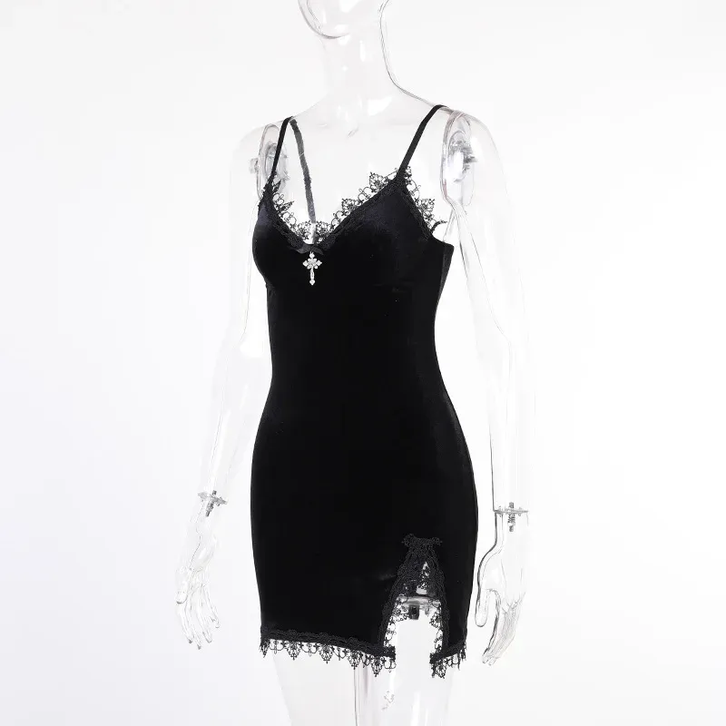 Vintage Sexy Dark Cross Black Mini Dress for Women, Spaghetti Strap, High Waist, Slit Design, Perfect for Goth Party Club Nights showcase 11