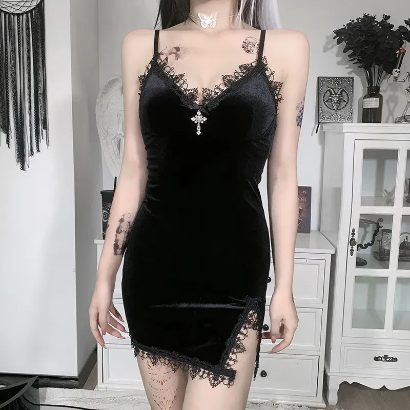 Vintage Sexy Dark Cross Black Mini Dress for Women, Spaghetti Strap, High Waist, Slit Design, Perfect for Goth Party Club Nights thumbnail 4