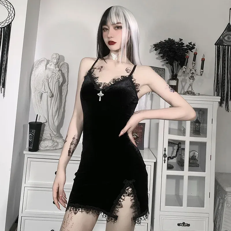Vintage Sexy Dark Cross Black Mini Dress for Women, Spaghetti Strap, High Waist, Slit Design, Perfect for Goth Party Club Nights thumbnail 2