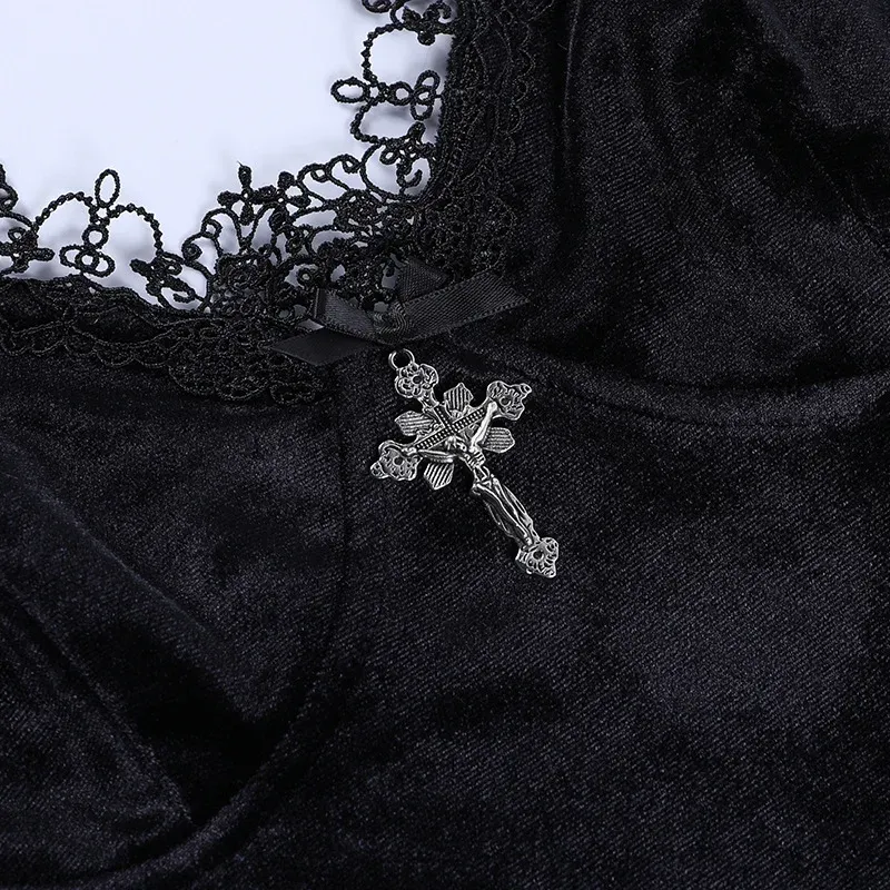 Vintage Sexy Dark Cross Black Mini Dress for Women, Spaghetti Strap, High Waist, Slit Design, Perfect for Goth Party Club Nights showcase 13