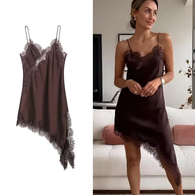 Women's Sexy Lace Splicing Mini Dress - Solid Sleeveless Asymmetrical Backless Party Sling Dress for Summer thumbnail 1