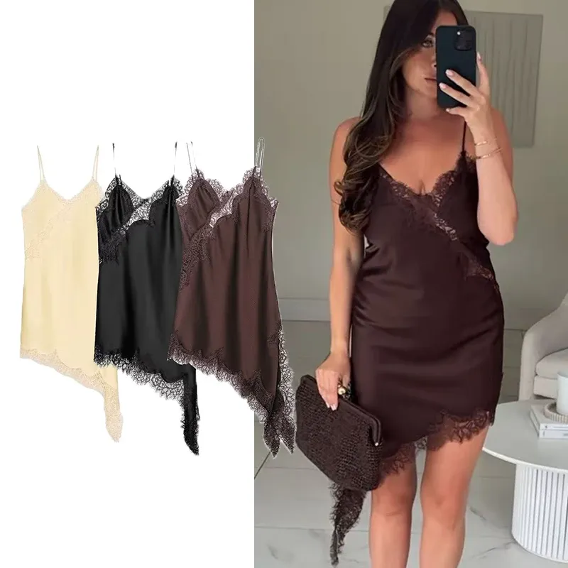 Women's Sexy Lace Splicing Mini Dress - Solid Sleeveless Asymmetrical Backless Party Sling Dress for Summer showcase 2
