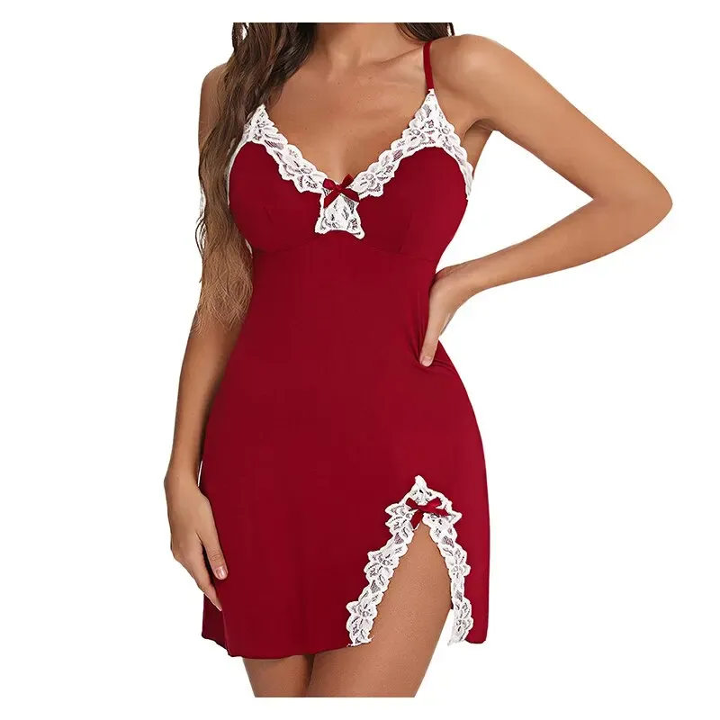 Sexy Lace Silk Satin V-Neck Nightgown for Women, Split Hem Soft Lingerie Sleep Dress, Sleeveless Nightwear Female Clothes thumbnail 4