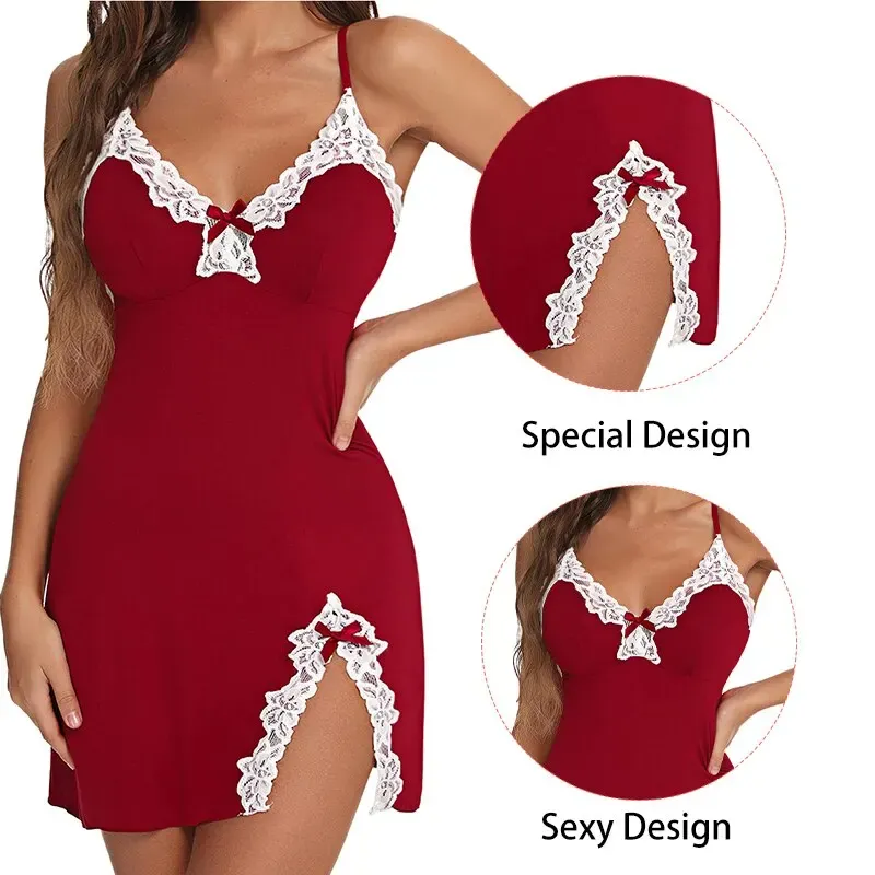 Sexy Lace Silk Satin V-Neck Nightgown for Women, Split Hem Soft Lingerie Sleep Dress, Sleeveless Nightwear Female Clothes thumbnail 3